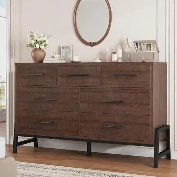 Brown Wood 7-Drawer Waterproof Bedroom Dresser - 52in L x 16in W x 32in H Sturdy Freestanding Furniture Style Cabinet, Turned Leg, Spacious Storage Chest for Bedroom, Living Room, Assembly Required