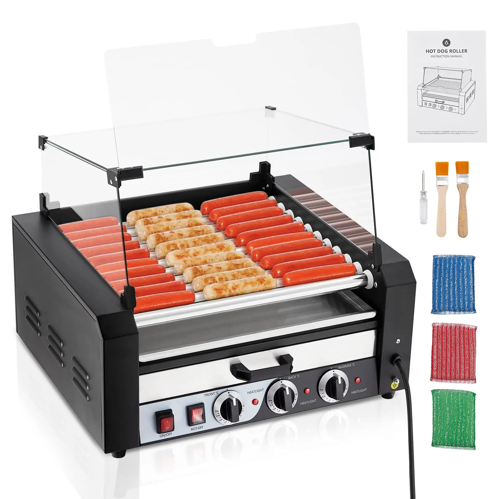 Hot Dog Roller, 11 Rollers, 30 Hot Dogs Capacity, 1850W Sausage Gripper Cooking Machine with Removable Oil Tray, Dual Temperature Control and Glass Cube Lid, Perfect for Commercial Use and Parties