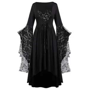 Halloween Medieval Costume Dress, Batwing Sleeve Long Gothic Lace Dress with Skeleton Design, Punk All Saints' Day Party Dress