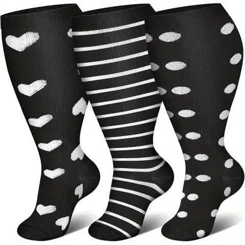 Women's 3-Pair Plus-Size Extra Wide Calf Knee High Compression Socks, Breathable Athletic Workout Socks for Women, All-Day Support, All Seasons, for Outdoor Sport
