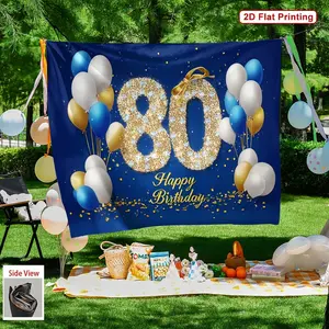 2D Flat, 1pc 80th Birthday Banner with Glittery Golden Number 80 & Balloons - Navy Blue & Golden Party Decorations, Happy Birthday Sign, Durable Polyester Fabric Backdrop for Milestone Celebrations, No Electricit
