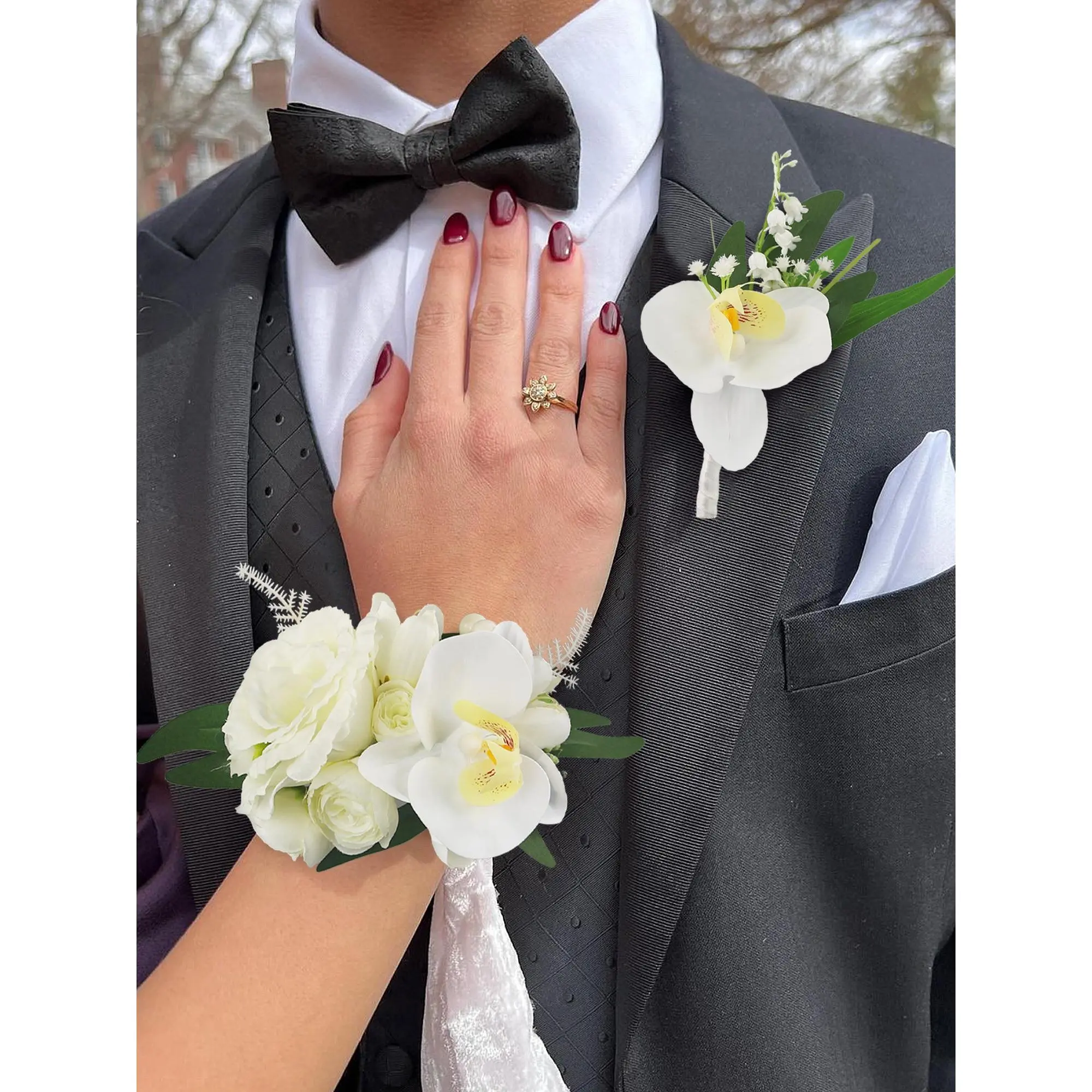 Rinlong Silk Flowers Compact Corsage and Boutonniere Set, White Orchid Wedding Festive Party Supply