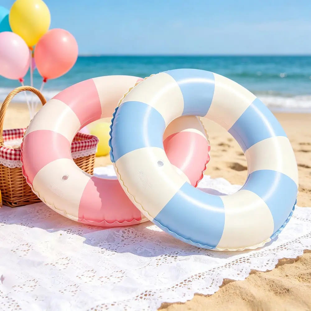 1pc Classic Striped Tear-Proof PVC Stable Float Swim Ring - Beach Pool Water Accessory for Kids, Teenagers, Adults with Scalloped Edges