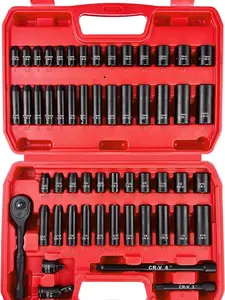 1/4" Drive Impact Socket Set, 55 Piece, SAE/Metric, Deep/Shallow (5/32"-9/16", 4-15mm) Sockets with Ratchet Handle