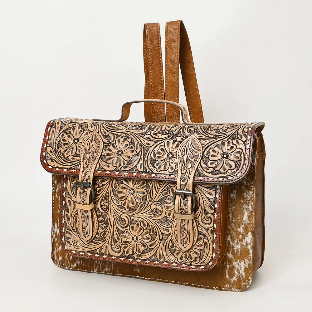 American Darling Western Leather Backpack Bag – Hand-Tooled Floral Carving, Genuine Leather, Hair-On Cowhide, Everyday Travel Pack