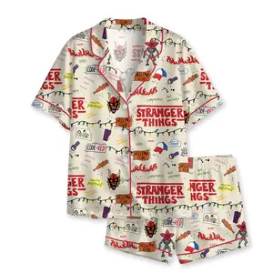 Stranger Things Sleepwear Set Two-Piece Lapel Button Top and Shorts, Women's Casual Home Wear, Comfortable Party