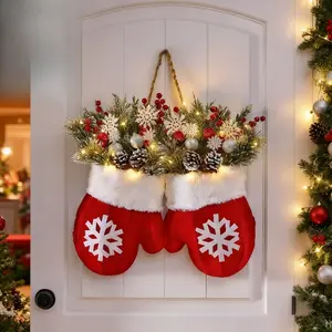 Christmas Glove Wreath Strap - Non electric and without lights, equipped with artificial pine branches, red berries, and frosted pine cones,