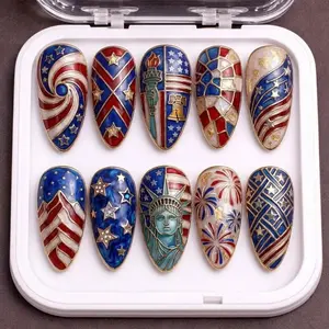 Handmade Patriotic Liberty Press On Nails | Luxury 3D American Flag & Statue of Liberty Art | Bold USA Red White Blue Aesthetic