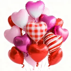 PartyWoo Valentine's Heart Balloons Pink and Red Heart Foil 15pcs 18 Inch Red Hot Checkered Marble Gradient Pink Heart Shaped Balloons for Valentine's Day Wedding Anniversary Engagement Decorations