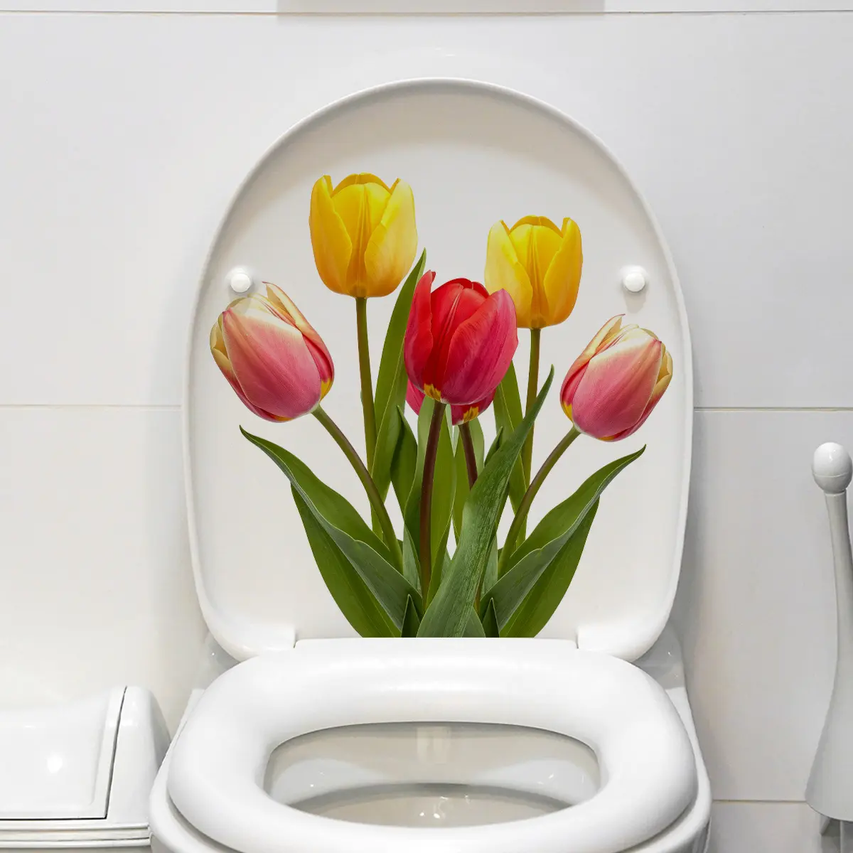 A (30*30cm) colorful tulip plant flower spring toilet sticker for bathroom decoration and beautification, self-adhesive, Bathroom Decoration Accessories, Bathroom Decor Supplies, M10254