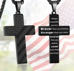 American Flag Cross Necklace for Men Stainless Steel Chain 18+2 inch Inspirational Cross Pendant Patriotic Jewelry Personalized Christian Gift for Men