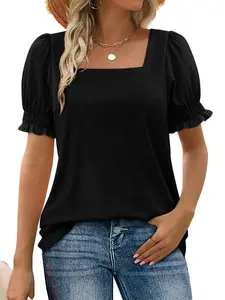 Tops for Women Summer Casual Ruffle Trim Sleeve Square Neck T Shirts
