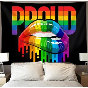 LGBTQ Proud Party Tapestry Wall Hanging LGBT Pride Lips Black Tapestries For Lesbian Gay Bisexual Transgender Art, Large Rainbow Flag Poster Home Decor Accessorie For Bedroom Living Room Dorm 40x60in