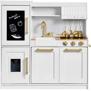 Best Choice Products Wooden Pretend Play Kitchen for Kids, Interactive Playset, 11 Accessories - Ivory with Herringbone