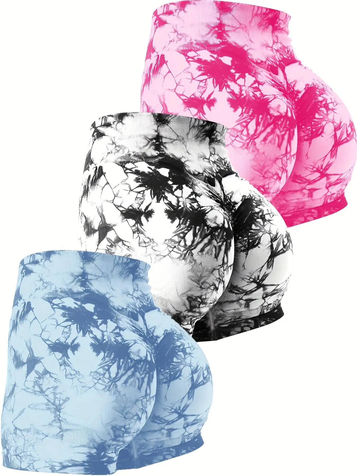 Women's 3pcs Tie Dye Print High Waist Sports Shorts, Casual Comfy Breathable Seamless High Stretch Yoga Leggings for Gym Workout Running, Ladies Summe