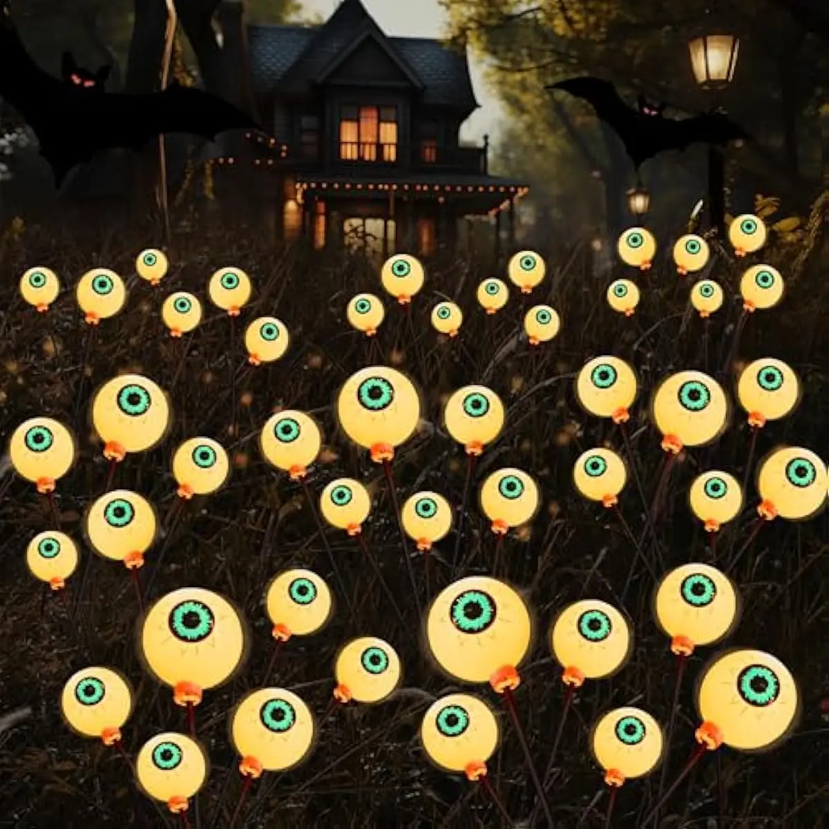 Halloween Decorations Outdoor Solar Scary Eyeball Lights, 8 Pcs 48LEDs Warm Pathway Yard Stakes, Waterproof Firefly Lights for Halloween Graveyard Yard Garden Patio Walkway Party