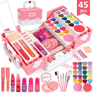 Washable Beautiful Children Girls Makeup Play Set, Includes Brush, Lipstick, Powder, Nail Polish, Eyeshadow, Mirror, Perfect Gift for Ages 3+