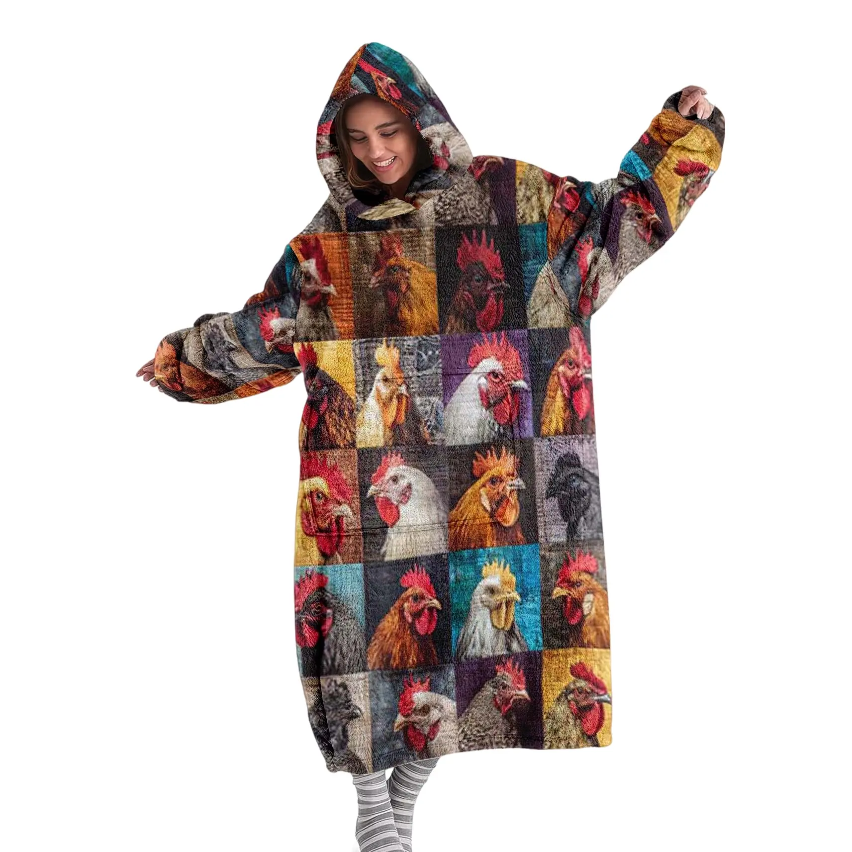 hoodie blanket, Cozy Hooded Blanket, Wearable Blanket, Hooded Blanket Wearable Throw, Farm Patchwork Rooster Print Hoodie Blanket, Soft Warm Flannel Blanket for Sofa Home Leisure Air Conditioning Nap Office Bed Camping Travel Gift, Christmas Gift