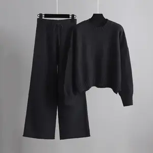 Women’s Two-Piece Sweater Outfit – Long-Sleeve Knit Pullover Top + Wide-Leg Knit Pants, Loungewear/Sweatsuit