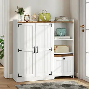 HOOBRO Shoe Cabinet with Movable Bench, 44.1-Inch Shoe Storage Organizer with Adjustable Shelves, Doors, and Lockable Casters, for Hallway, Entryway, Living Room, Bedroom, White and Walnut #SummerVibes