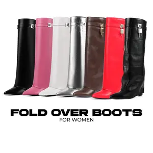 VIMISAOI Fold Over Knee High Boots for Women Covered Wedge Heel Pointed Toe Wide Calf Pull On Boots For Women Trendy Boots
