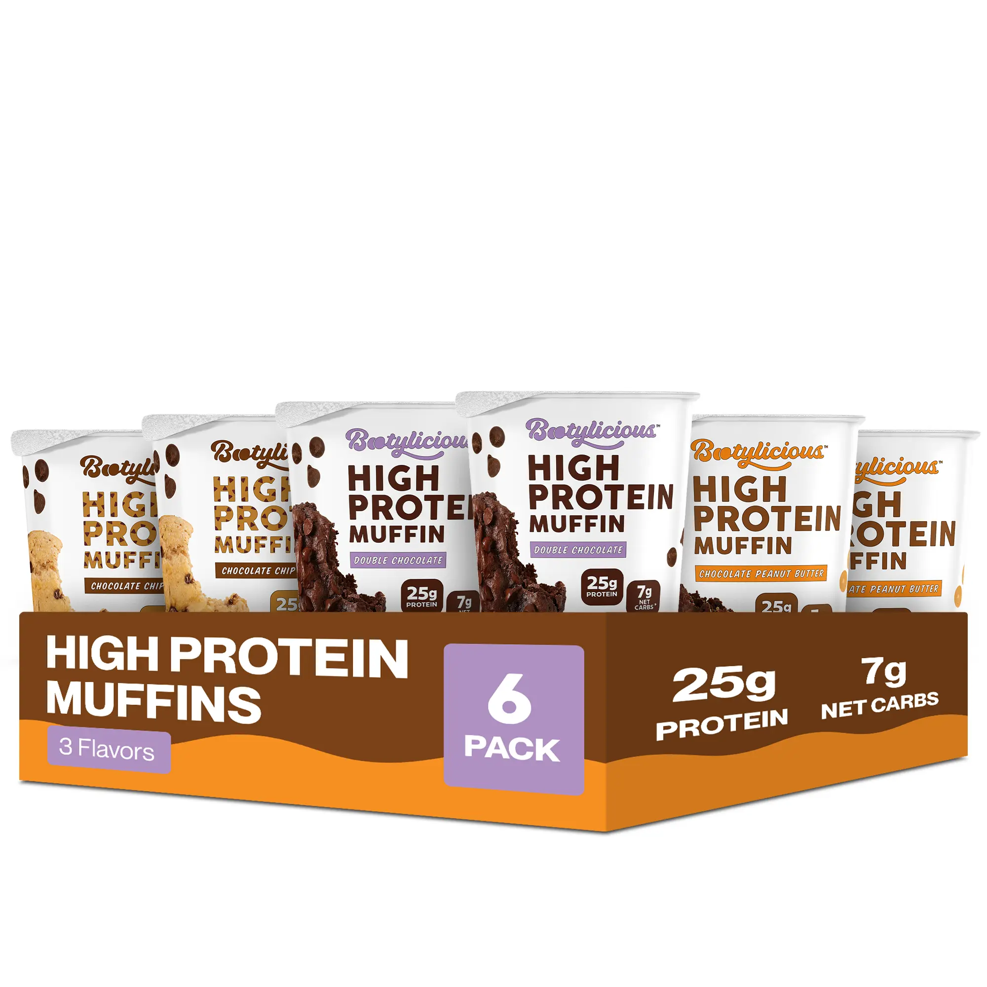 Bootylicious High Protein Muffins, Chocolate Lovers Variety 6 Pack, 25g Protein, 7g Net Carbs