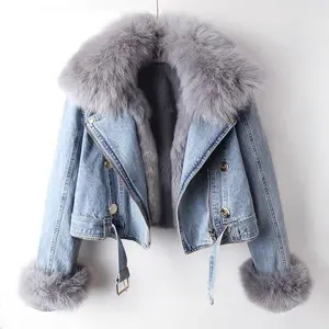 2025 New Product Removable Imitation Fox Rabbit Inner Liner Denim Jacket Women's Short Parker Y2k Fit Clothes