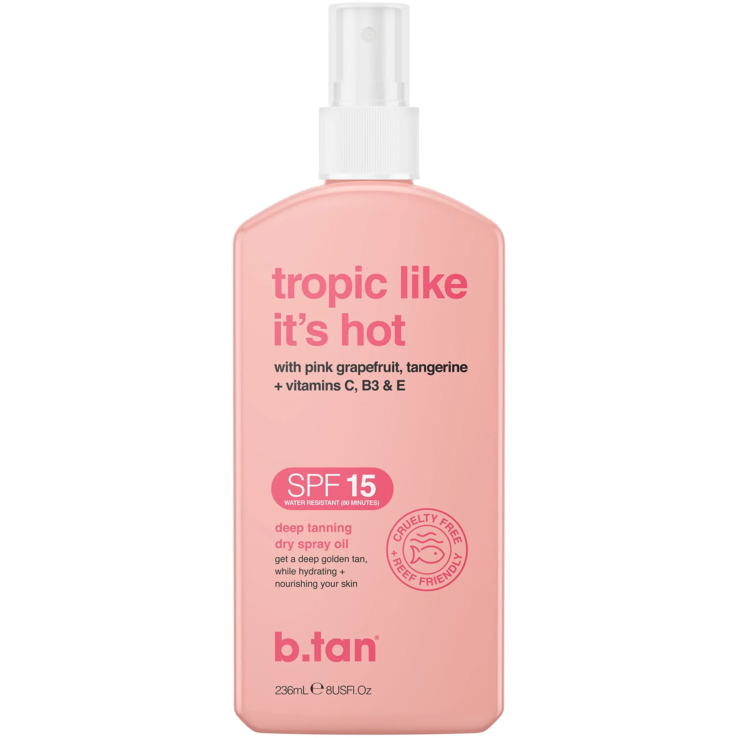 Tropic Like It's Hot | b.tan SPF 15 Deep Dark Tanning Oil Dry Spray | Best Outdoor Tanning Bronzing Mist, Hydrating Grapefruit, Tangerine, Vitamin C, Vitamin B3, & Vitamin E, Sweet Citrus Scent, Tan Intensifier, Vegan Hydrating Body Oil, Tanning Stuff out