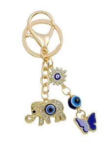 Trendy Rhinestone Elephant and Devil Eye Pendant Keychain, Butterfly Charm Accessory, Couple Key Ring, Casual All-Season Fashion