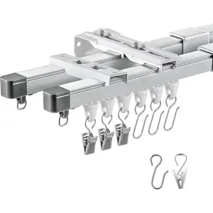 Retractable Ceiling or Wall Mount Curtain Track 2.8-4.9ft / 0.85-1.5 Meter Room Divider Curtain Rod, Rails Set with Silent Rollers and Hooks for Living Room Bedroom RV (Double)