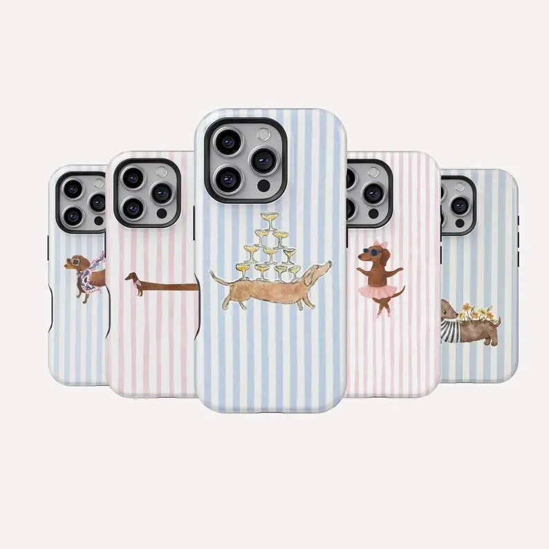 Cute Striped Dachshund Smartphone Case - Custom Handheld Protection, Durable Shockproof Glossy Cover for iPhone 17,16,15,14,13,12,11,X & Samsung Devices, Ideal Holiday Gift for Friends/Family (TikTok Shop Back to School)