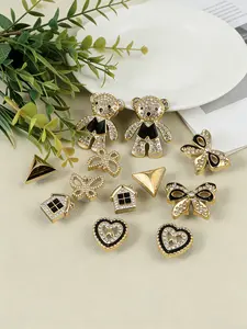 DIY 12PCS Black Outfit Teddy Bear Croc Charms Set Bling Rhinestone Bow Heart Triangle Detachable Luxury Clog Accessories for Women DIY Craft Decor Bling Shoe Charms Rhinestone Shoe Decoration Shoe Embellishment Set