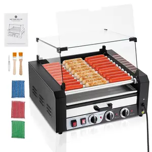【GARVEE】Commercial Hot Dog Roller Machine - 11 Stainless Steel Rollers (30 Hot Dog Capacity) with Bun Warmer, Dual Temp Control & Glass Cover - for Restaurants, Convenience Stores, Black