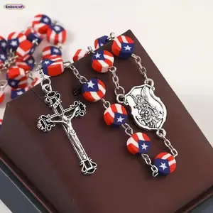 Women's Handmade Puerto Rico Flag Motif Beaded Cross Charms Necklace Set - Christian Faith Polymer Clay Pendant, Exquisite Chain Rosary Jewelry, Ideal for Baptism, Independence Day Wear (Necklaces for Women: Cross, Crucifix, Decorative Styles), Cross Neck