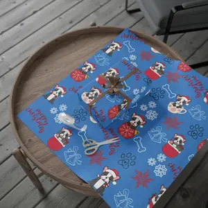 French Bulldog Christmas Holiday Wrapping Paper - High-Definition 90gsm Fine Art Paper with Cute Cartoon Dogs in Santa Hats & Snowflakes - 30"x36", 30"x72", 30"x180" Sizes - Glossy or Smooth Matte Finish