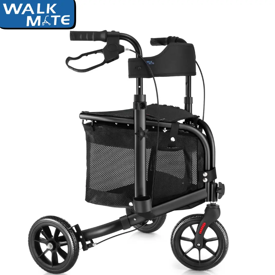 WALK MATE 3-Wheel Rollator Walker - Mobile, Portable Folding Trolley for Slim Seniors, Padded Backrest, Lightweight Aluminum, 8in Tri-Wheel Mobility Aid with Seat, Black
