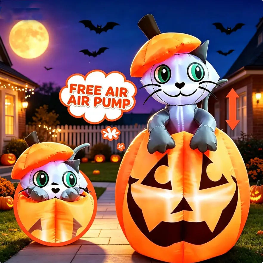 Halloween Inflatable Yard Decorations with Built-in LED Lights, Cute Pumpkin-Ghost-Cat Design, Quick Inflation for Outdoor Lawn, Ideal for Halloween Party & Front Porch Decor