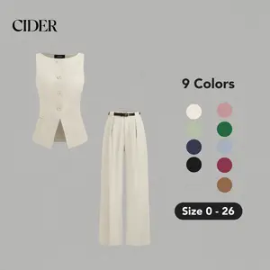 Cider [9 colors, size 0-26] Woven Boat Neck Solid Button Vest With Straight Leg Trousers