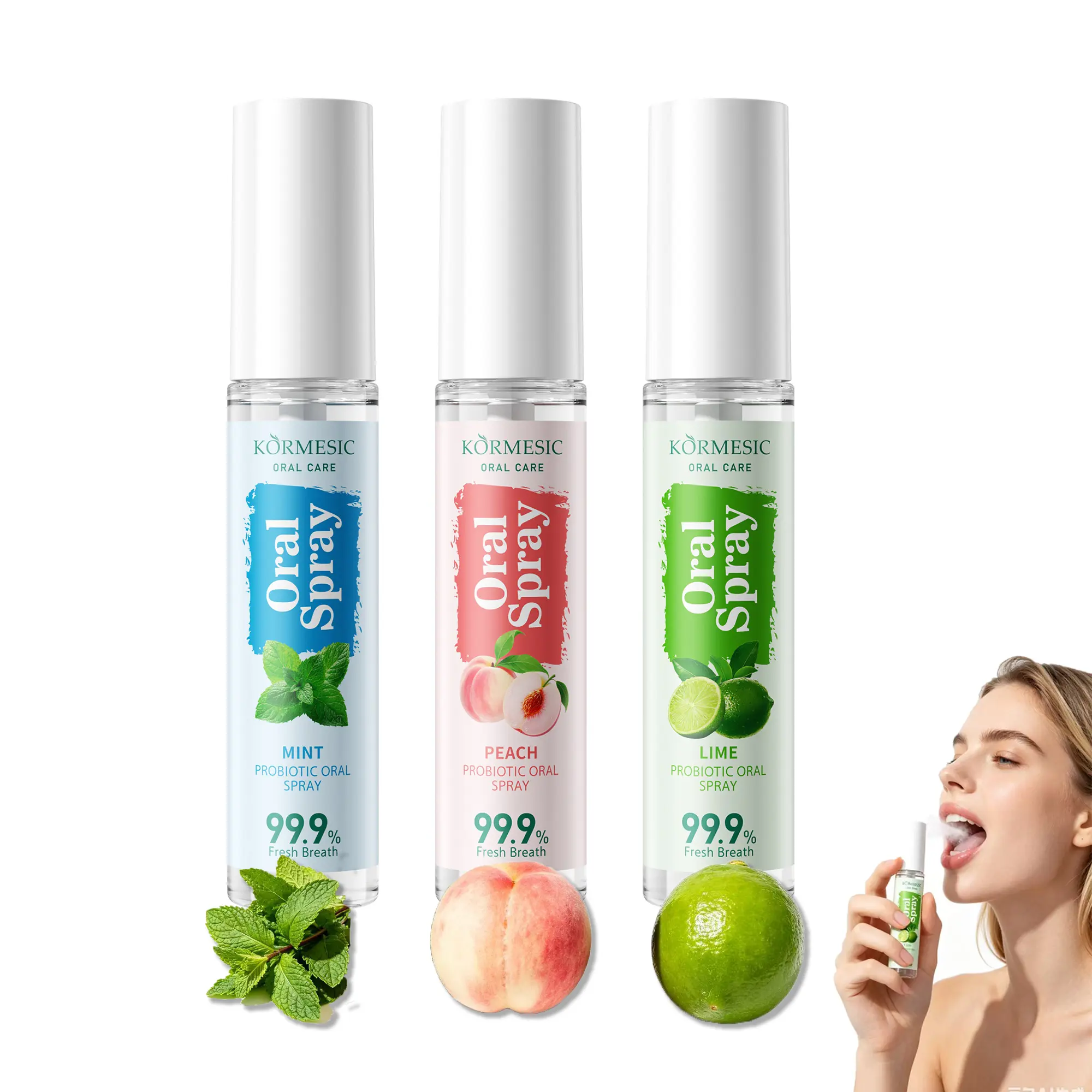 (3 PCS) Fruit-Flavored Crystal Oral Spray, Portable Breath Freshener - 3 Natural Fragrances, Light & Non-Greasy Formula - Peach, Mint, Lime Flavors