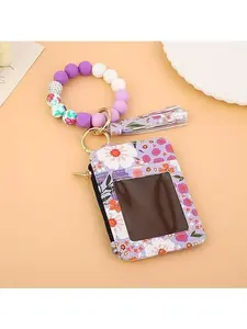 Graduation Gift Flower Keychain Wristlet Wallets for Women Cute Silicone Beaded Credit Card Holder Key Ring Bracelet Wallet