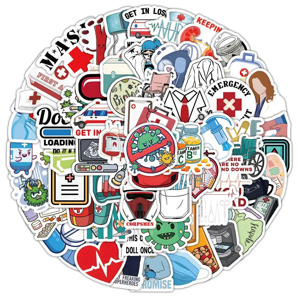 100 Pcs Cute Medical Stickers Cartoon Healthcare Decals for EMT EMS Students School and Personal Gear