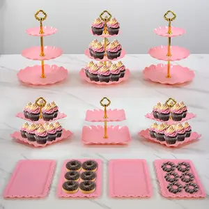 Pack of 10 NWK Cake Stand Set with 3 x Two-Tier and 3 x Three-Tier Cupcake Stands, 4 x Appetizer Trays, for Birthday Baby Bridal Shower Party (White) Ornaments Decor