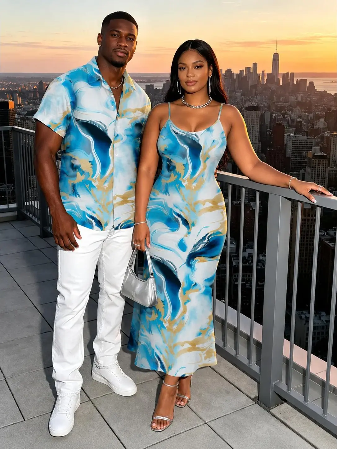 Women's 2-Piece 2026 Vacation Matching Couple Set - Short Sleeve Marble Fluid Swirl Tie-Dye Shirt & Sleeveless Fitted Spaghetti Strap Mermaid Maxi Bodycon Dress, Casual Elegance, Pieces, Rose, Button, Floral, Women's Clothes