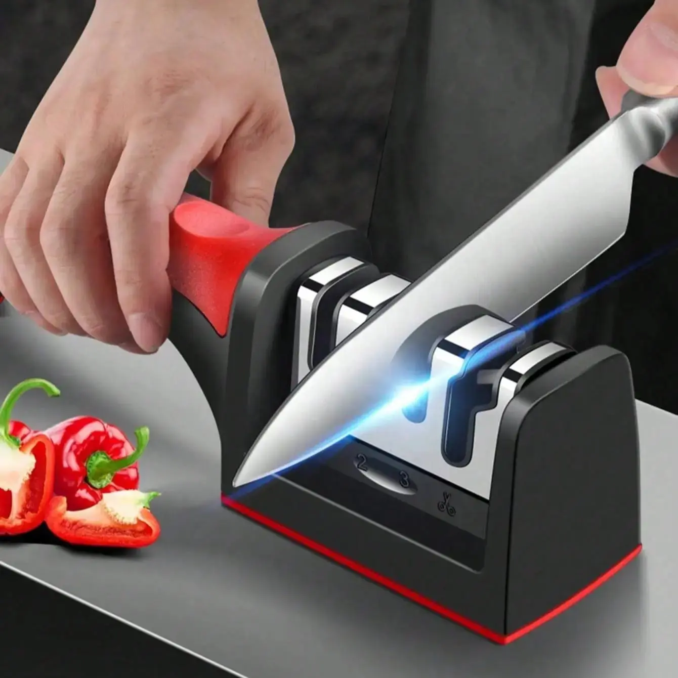 4-Stage Professional Kitchen Knife Sharpener with Anti-Slip Handle, High-Precision Diamond, Ceramic Stones, Large Metal-Plastic Construction, Easy-to-Use, Fast Sharpening, Long-Lasting Performance, Perfect Gift for Father's Day