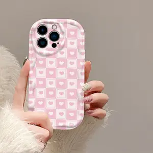 Pink Heart Checkered Pattern Protective Walli Phone Case for Women & Girls, Suitable for iPhone 16 Pro/15 Pro Max/14/13/12