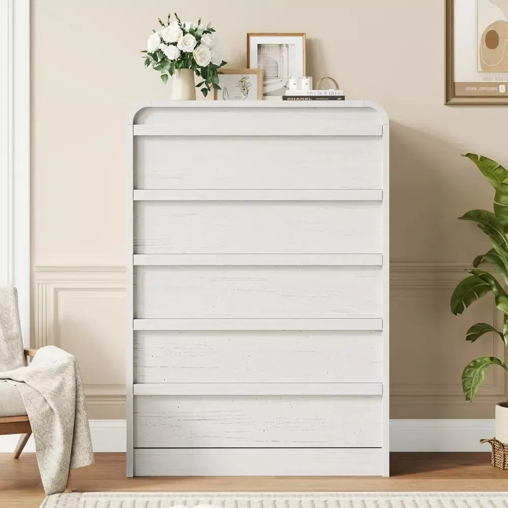 Wood 5-Drawer Arched Dresser Chest Organizer - Engineered Wood, Curved Modern Design, Sturdy Handle-Free Drawer Fronts, Anti-Tip Safe Indoor Storage Cabinet for Living Rooms