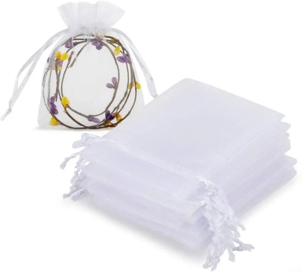 100pcs Sheer White Organza Drawstring Jewelry Bags (3x4 in) - Sturdy Double-Sided Stitched Transparent Bags, Easy Drawstring Closure, Small Storage Pouch for Gift Packaging, Gift Idea for Retailers