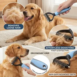 Professional Dematting Rake for Dogs Cats - 2-in-1 Pet Grooming Brush, Skin-Safe Undercoat Tool for Long/Short Hair, Removes Mats Tangles & Loose Fur, Reduces Shedding Effortlessly
