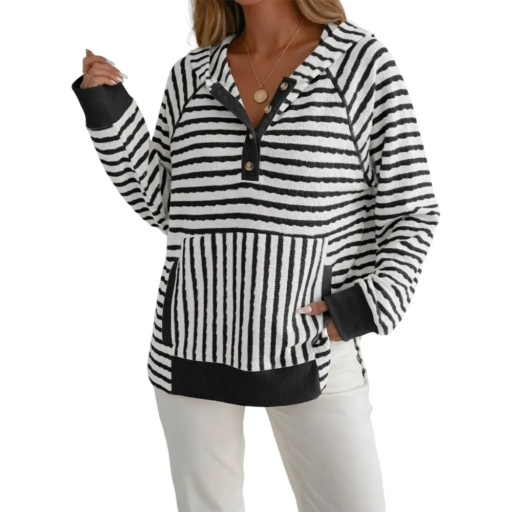 Dokotoo Womens Striped Button Hoodie Casual Sweatshirt Long Sleeve Rib Knit Loose Fit Stretch Cotton Daily Pullover