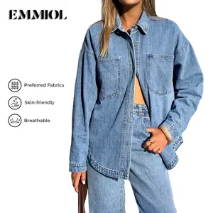 EMMIOL Women Oversized Denim Shirt Jacket Long Sleeve Button Down Distressed Vintage Blue Jean Jacket Streetwear Summer Vibes